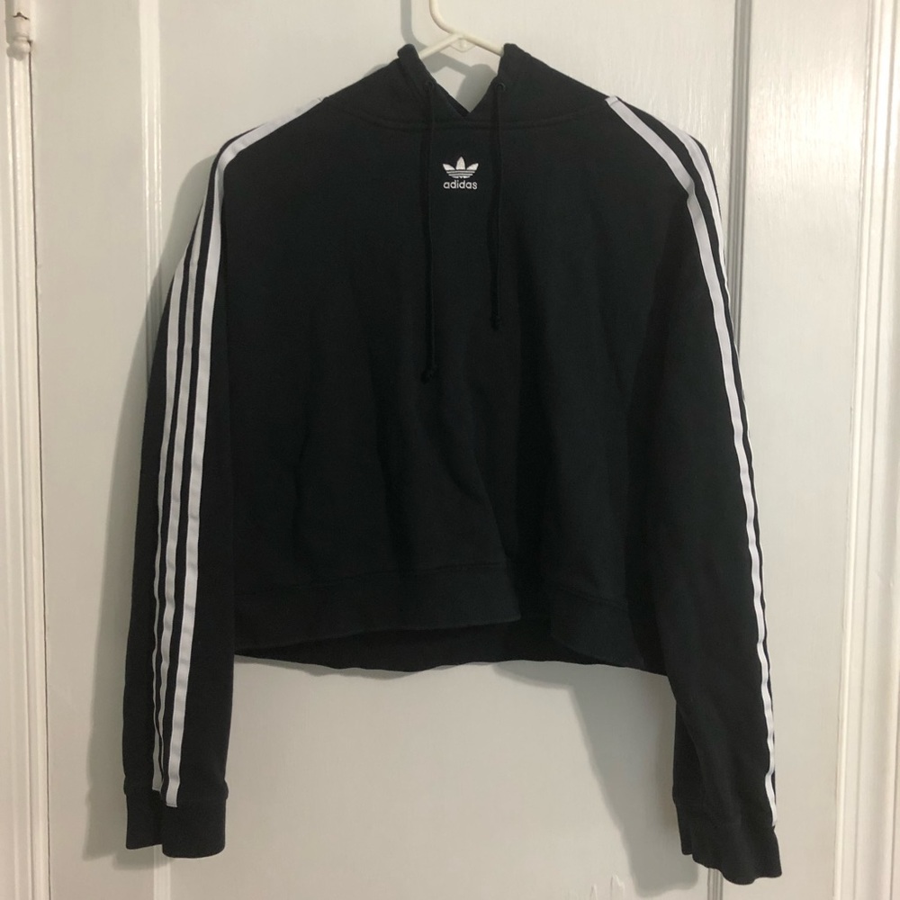 Adidas crop top hoodie black with white stripes size medium